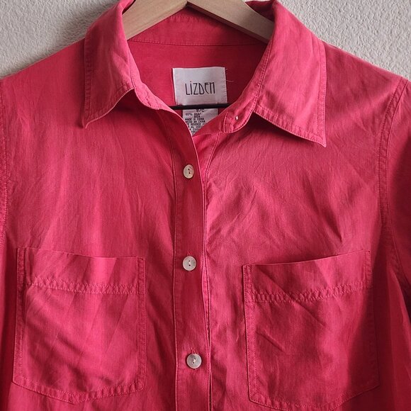Vtg Lizden Shirt Womens Small Pink Button Front 100% Silk Long Sleeve Pocket Top - Picture 2 of 9